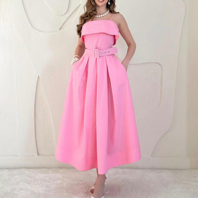Damen Maxikleid mit Trägern und tailliertem Gürtel Drune