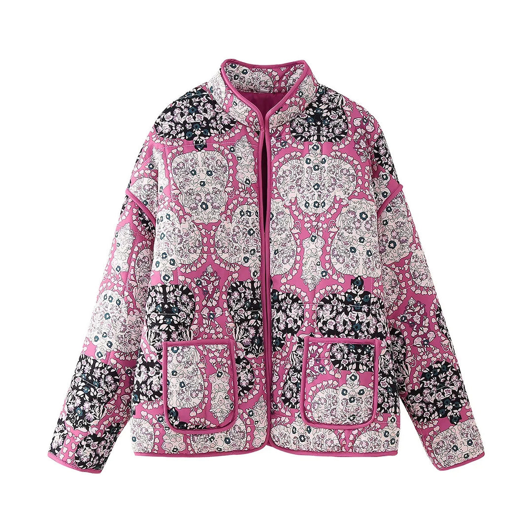 Damen 600+ gesteppte bestickte Taillengürtel‑Jacke mit floralem Muster und Stehkragen Drune