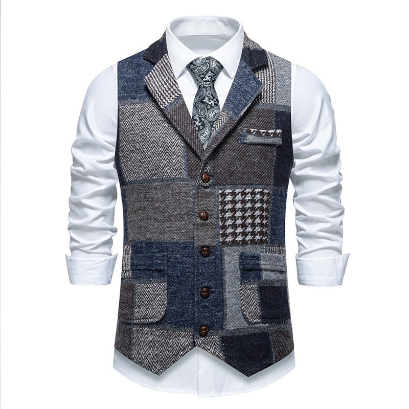 Herren Weste im Patchwork‑Tweed mit Revers und aufgesetzten Taschen Drune