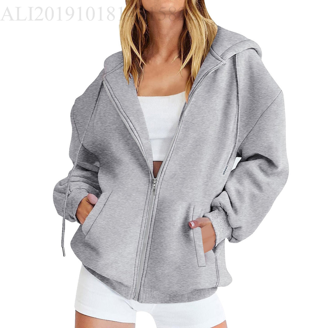 Damen nan lässige Zip-Hoodie-Jacke im Boxy-Cut mit überschnittener Schulter, verdecktem Tunnelzug und großen Kängurutaschen Drune