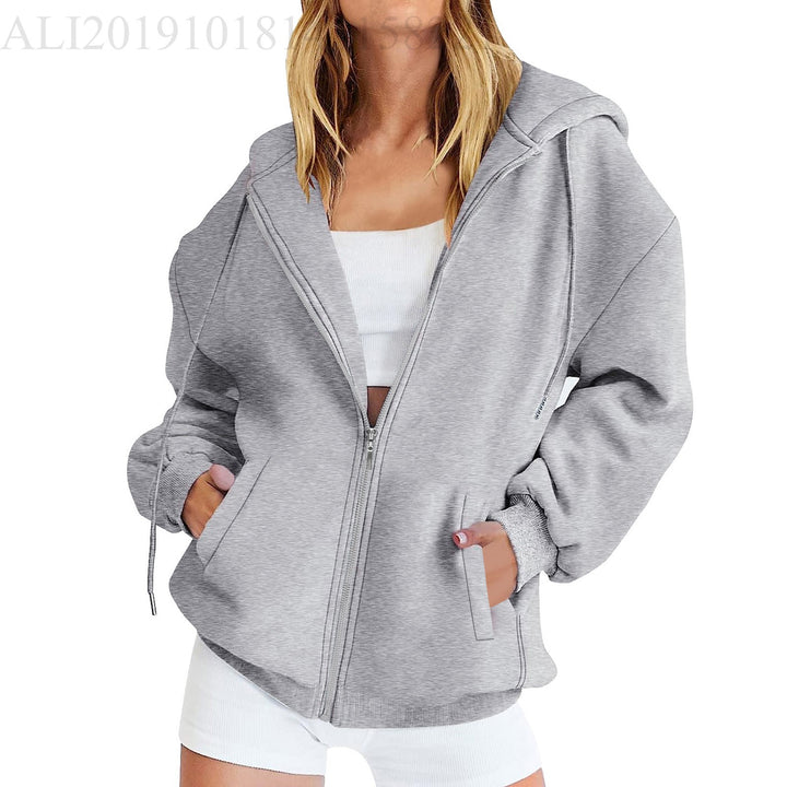 Damen nan lässige Zip-Hoodie-Jacke im Boxy-Cut mit überschnittener Schulter, verdecktem Tunnelzug und großen Kängurutaschen Drune