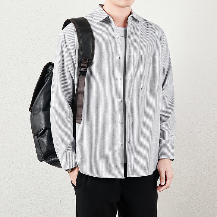 Herren Gestreiftes Oversize-Freizeithemd aus Baumwollmischung mit Brusttasche Drune