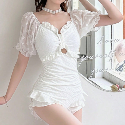 Damen Badeanzug mit transparenten Puffärmeln und verspielten Rüschen Drune