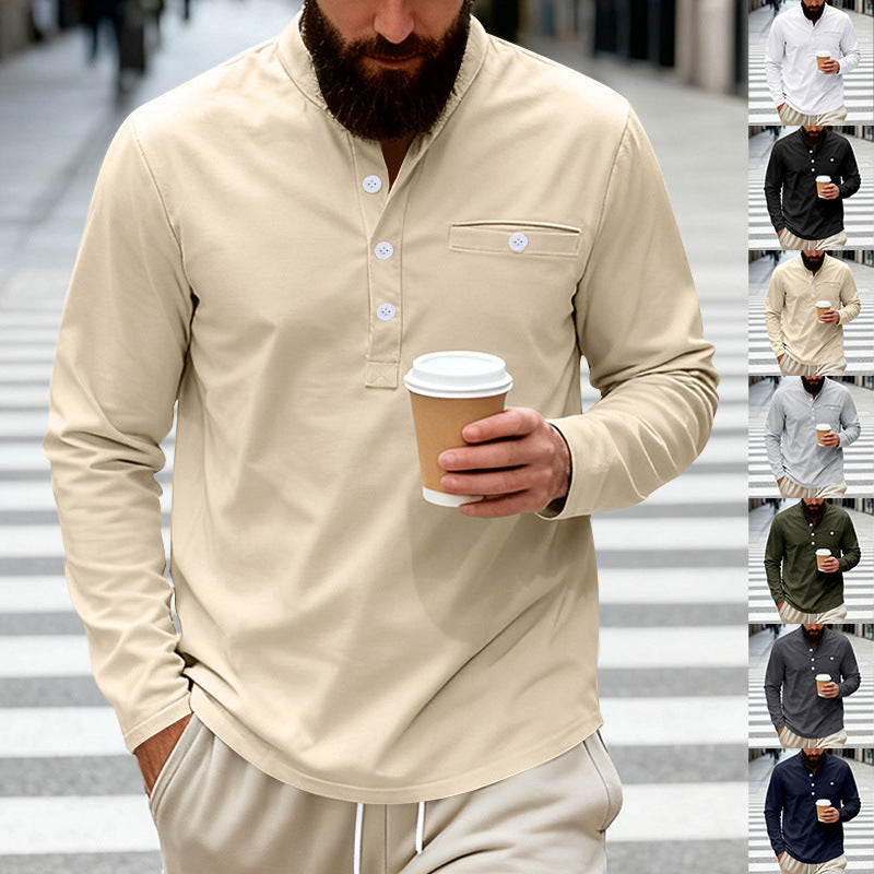Herren Lässiges Henley-Langarmshirt mit Stehkragen, Brusttasche und abgerundetem Saum Drune