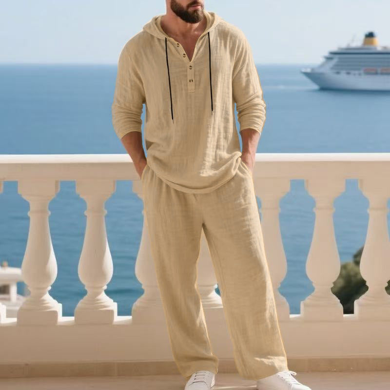 Herren nan lässiges Leinenzweiteiler-Set mit Kapuzenhemd im Henley-Stil und weiten Freizeit-Hosen Drune