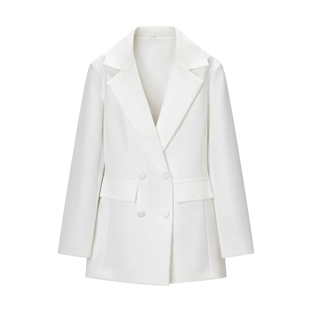 Damen nan taillierter Double-Breasted Blazer mit weitem Revers und Pattentaschen Drune