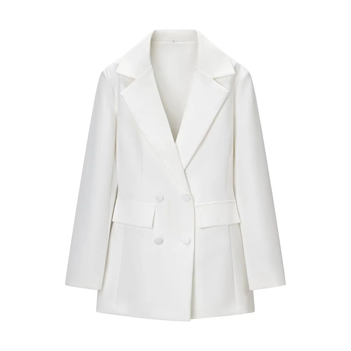 Damen nan taillierter Double-Breasted Blazer mit weitem Revers und Pattentaschen Drune