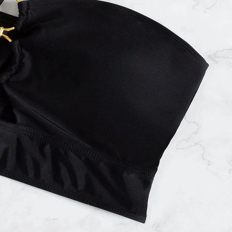 Damen Bandeau-Bikini-Oberteil mit dekorativem Ring und Raffung Drune