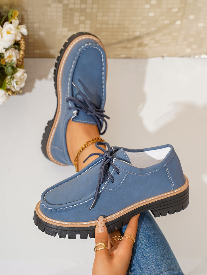 Damen elegante Derby-Schnürer aus Lederimitat mit Mokassinnaht und grober Profilsohle Drune