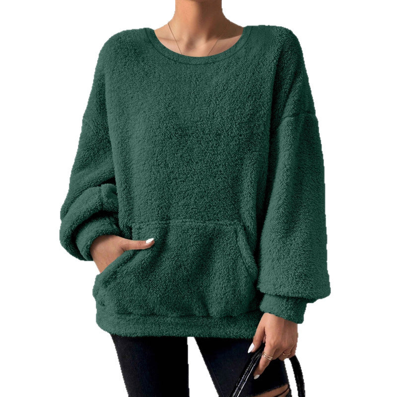 Damen Kuscheliger Oversize-Sherpa-Pullover mit Kängurutasche und Ballonärmeln Drune