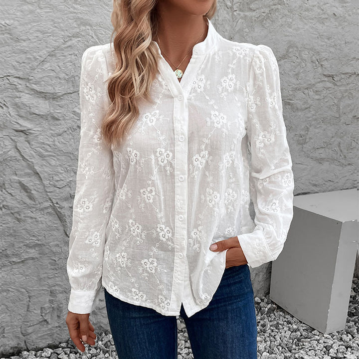 Damen Leichte bestickte Voile-Bluse mit Stehkragen und durchgehender Knopfleiste Drune