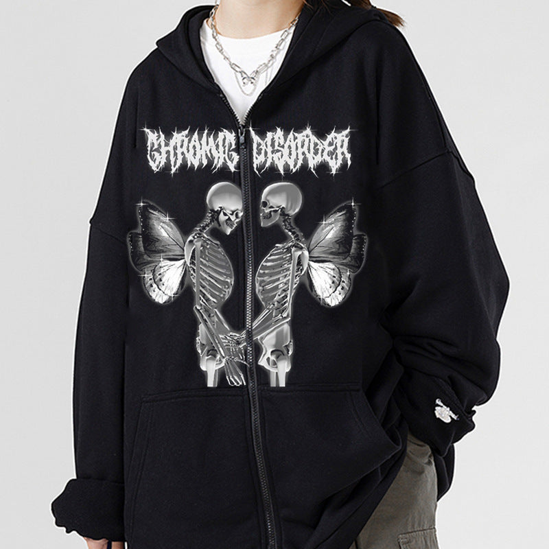 Damen nan Kapuzenjacke mit durchgehendem Reißverschluss und Rippenherz-Print Drune