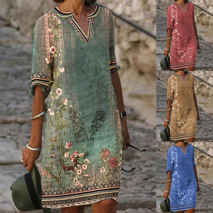 Damen Midi-Kleid im Boho-Leinen-Look mit V-Ausschnitt und Dreiviertelärmeln Drune