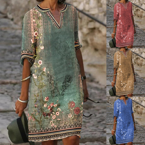 Damen Midi-Kleid im Boho-Leinen-Look mit V-Ausschnitt und Dreiviertelärmeln Drune