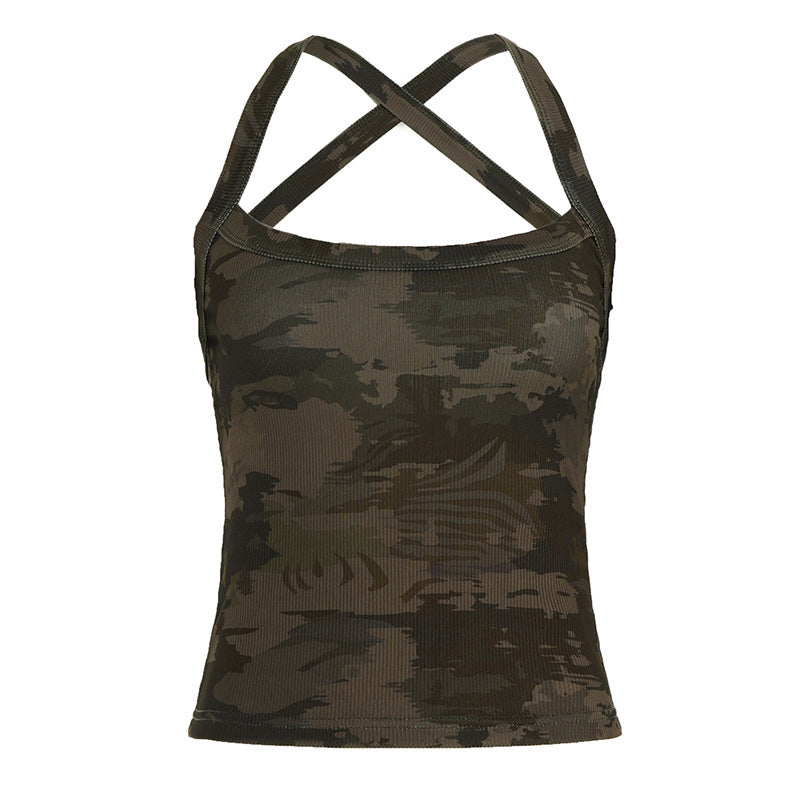 Damen sportliches Tanktop mit X-förmigem Rücken und Camouflage-Muster Drune