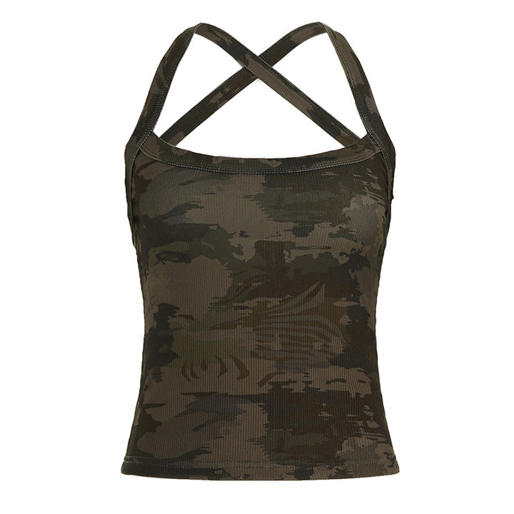Damen sportliches Tanktop mit X-förmigem Rücken und Camouflage-Muster Drune