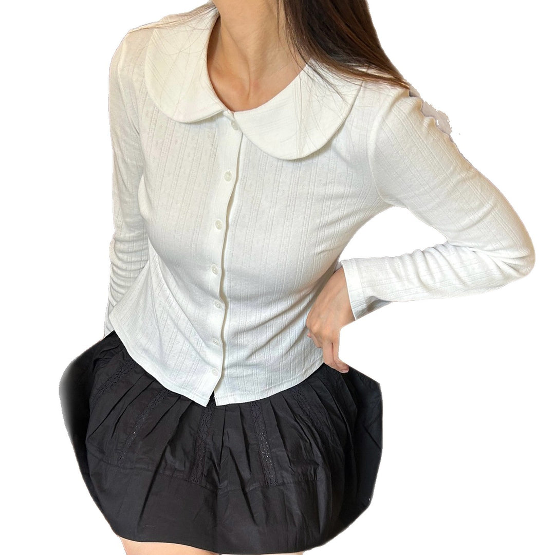 Damen Langarm-Crop-Top mit stilvollem Kragen und Knopfleiste Drune