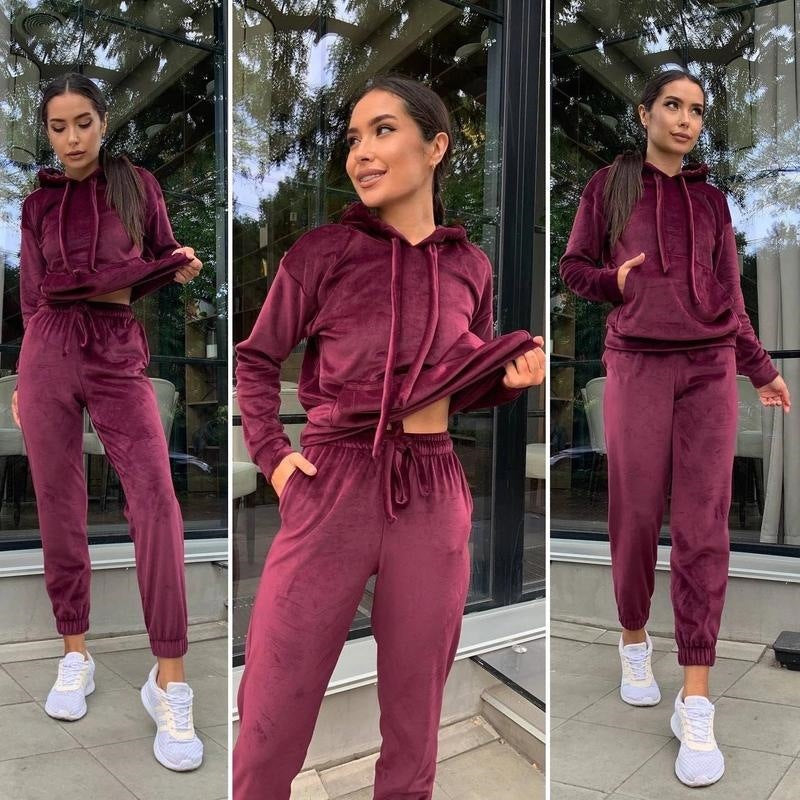 Damen Samt-Loungewear-Set mit kurz geschnittener Kapuzenjacke und Kordelzug-Jogginghose Drune
