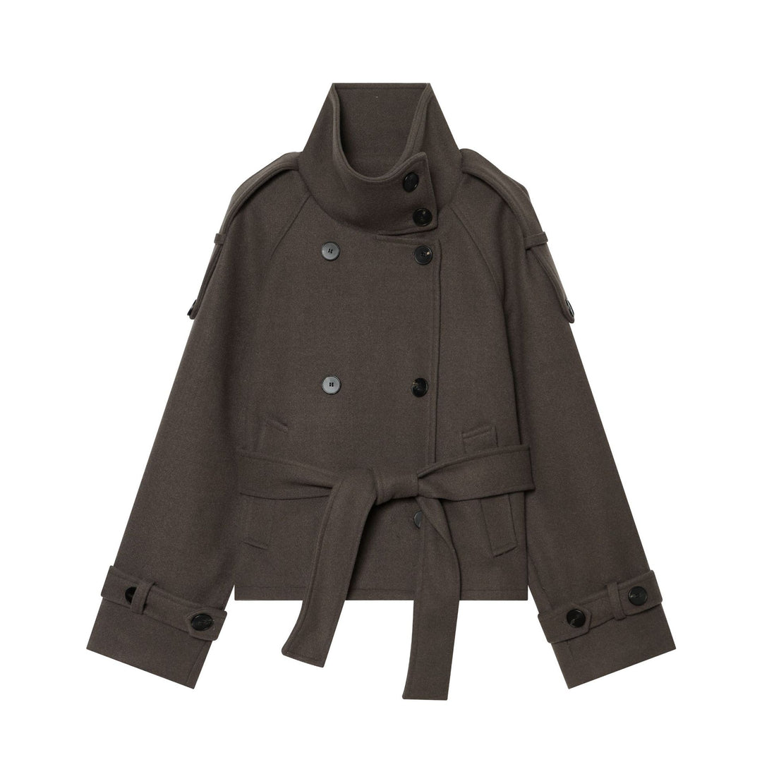 Damen Kurze doppeltreihige Wollmix‑Capejacke mit hohem Stehkragen und Taillengürtel Drune