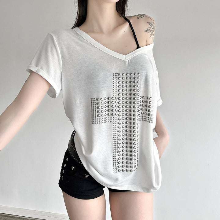 Damen V-Ausschnitt T-Shirt mit stilvollem Nieten-Dekor Drune