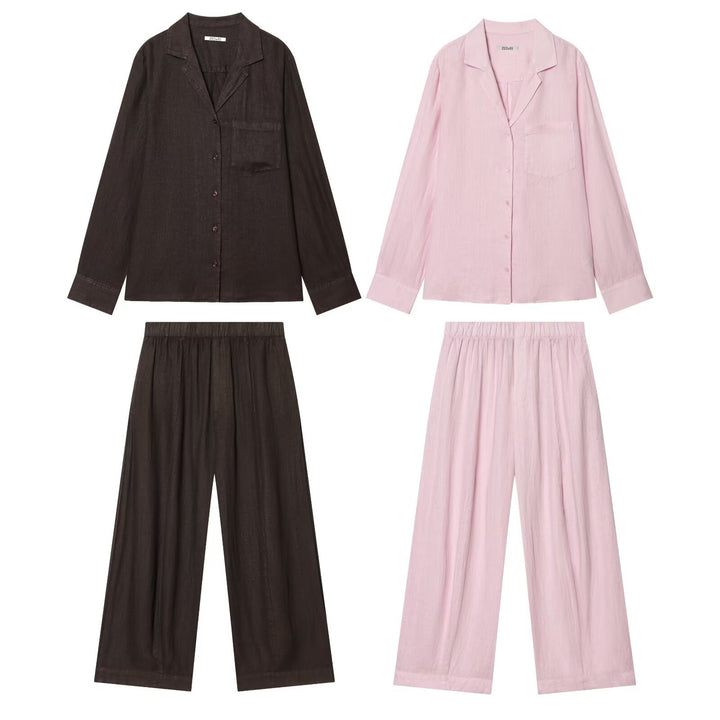 Damen Zweiteiliges Loungewear-Set aus Leinenoptik mit lockerem Pyjama‑Hemd und weiter Palazzo‑Hose Drune