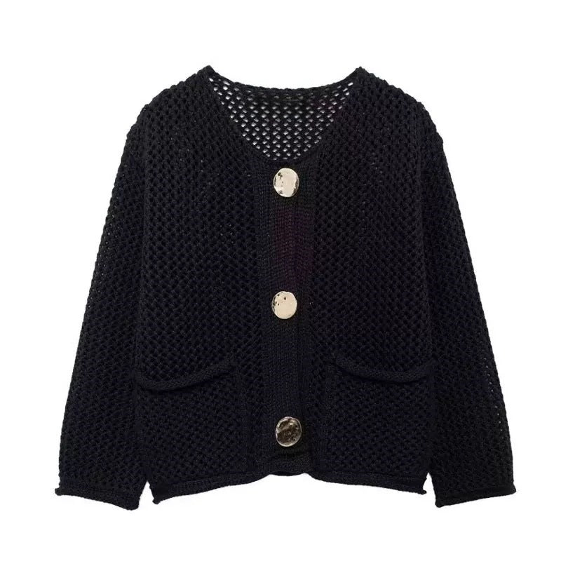 Damen Netzstrickjacke mit praktischen Taschen und dekorativen Knöpfen Drune