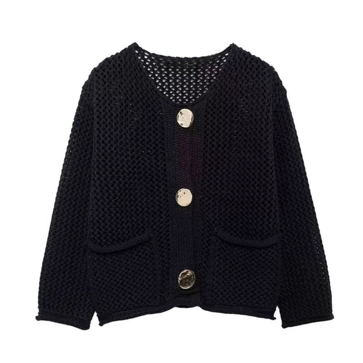 Damen Netzstrickjacke mit praktischen Taschen und dekorativen Knöpfen Drune