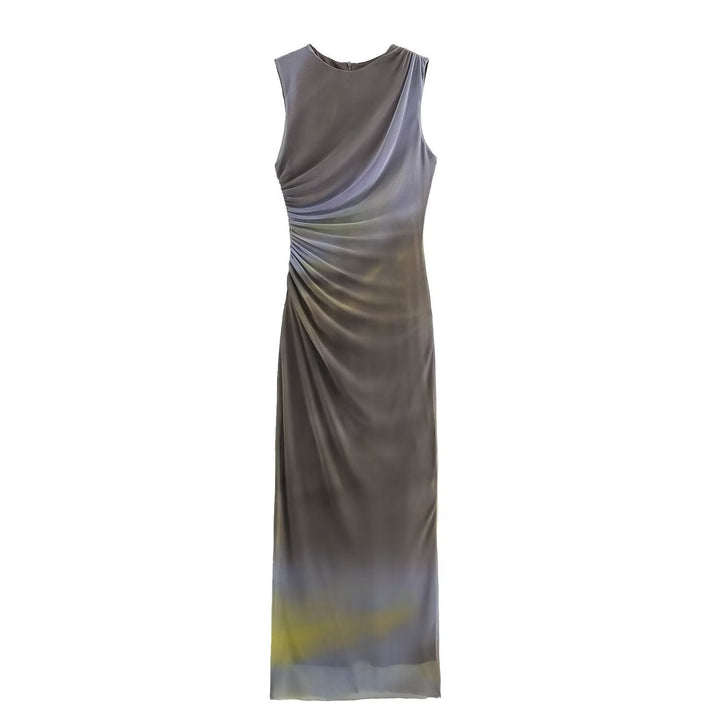 DruneMODE | Einfarbiges Rundhalsausschnitt Ärmelloses Faltendes Slim Fit Kleid