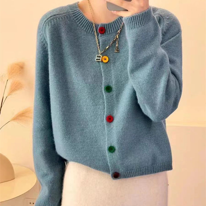 Damen kuschelige Strickjacke mit bunten Knopfdetails und modernem Schnitt Drune