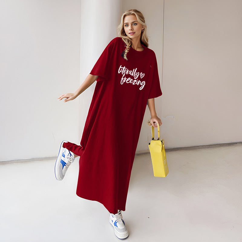 Damen nan locker geschnittenes Maxikleid mit großem Herzgrafikprint und Rundhalsausschnitt Drune