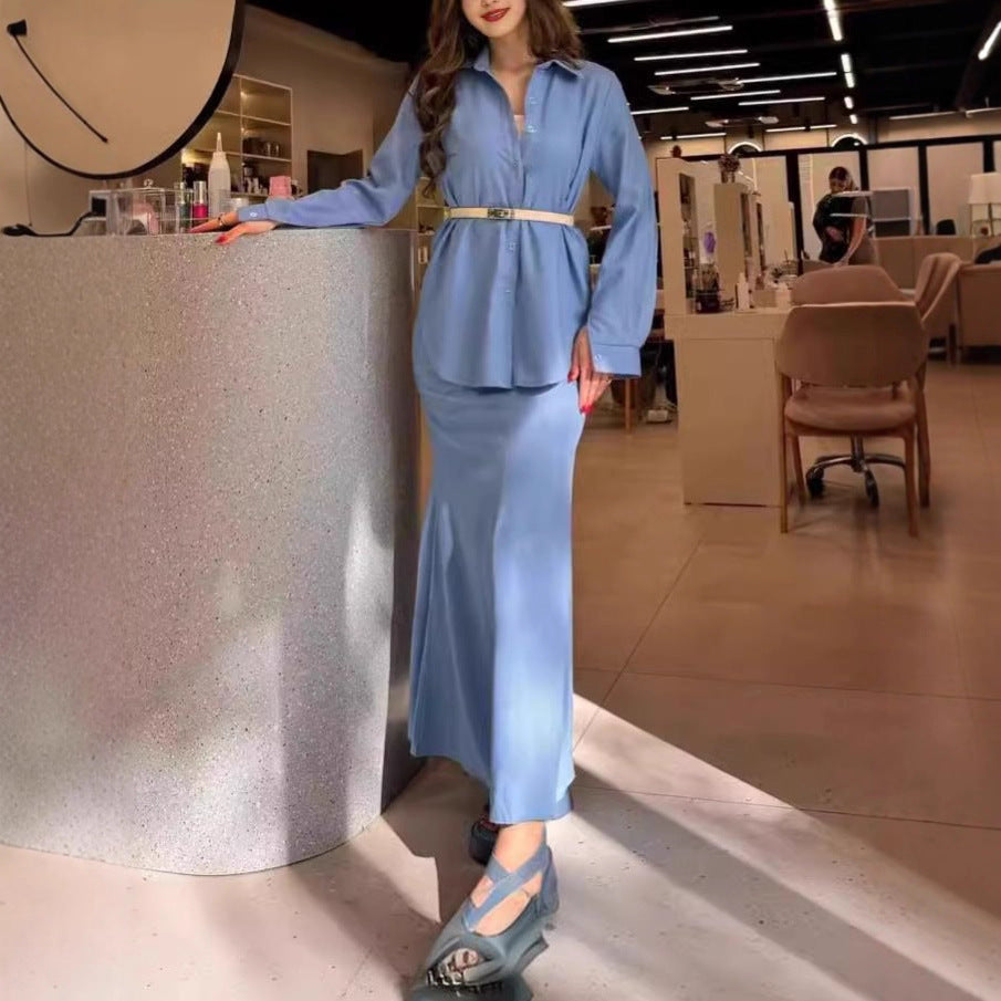 Damen Zweiteiliges Set Schlauchmaxirock mit ausgestelltem Saum und Oversize-Hemd Drune