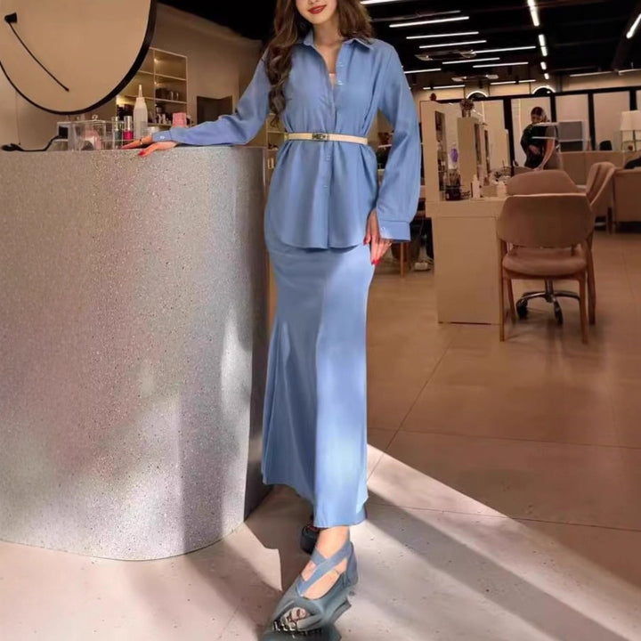 Damen Zweiteiliges Set Schlauchmaxirock mit ausgestelltem Saum und Oversize-Hemd Drune