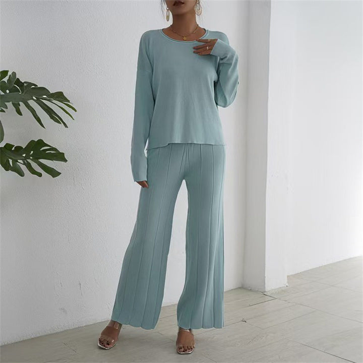 Damen lässiges und elegantes Strick-Loungewear-Set mit weitem Bein und feinen Rippenstrukturen Drune