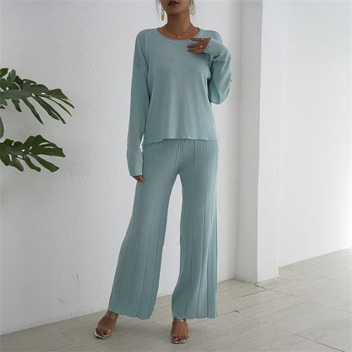 Damen lässiges und elegantes Strick-Loungewear-Set mit weitem Bein und feinen Rippenstrukturen Drune