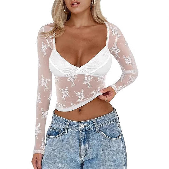 Damen Transparente Spitzenbluse mit eleganten Details Drune