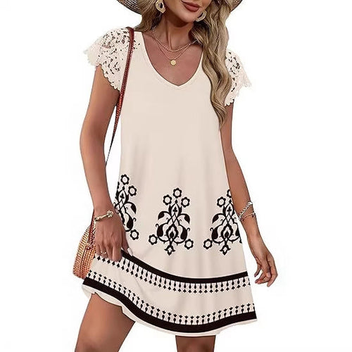 Damen Sommerkleid mit eleganten Spitzenärmeln und floralem Muster Drune