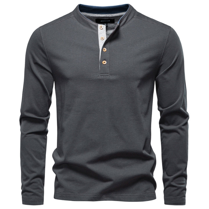 Herren nan legeres Baumwoll-Langarmshirt mit kurzer Knopfleiste und Stehkragen Drune