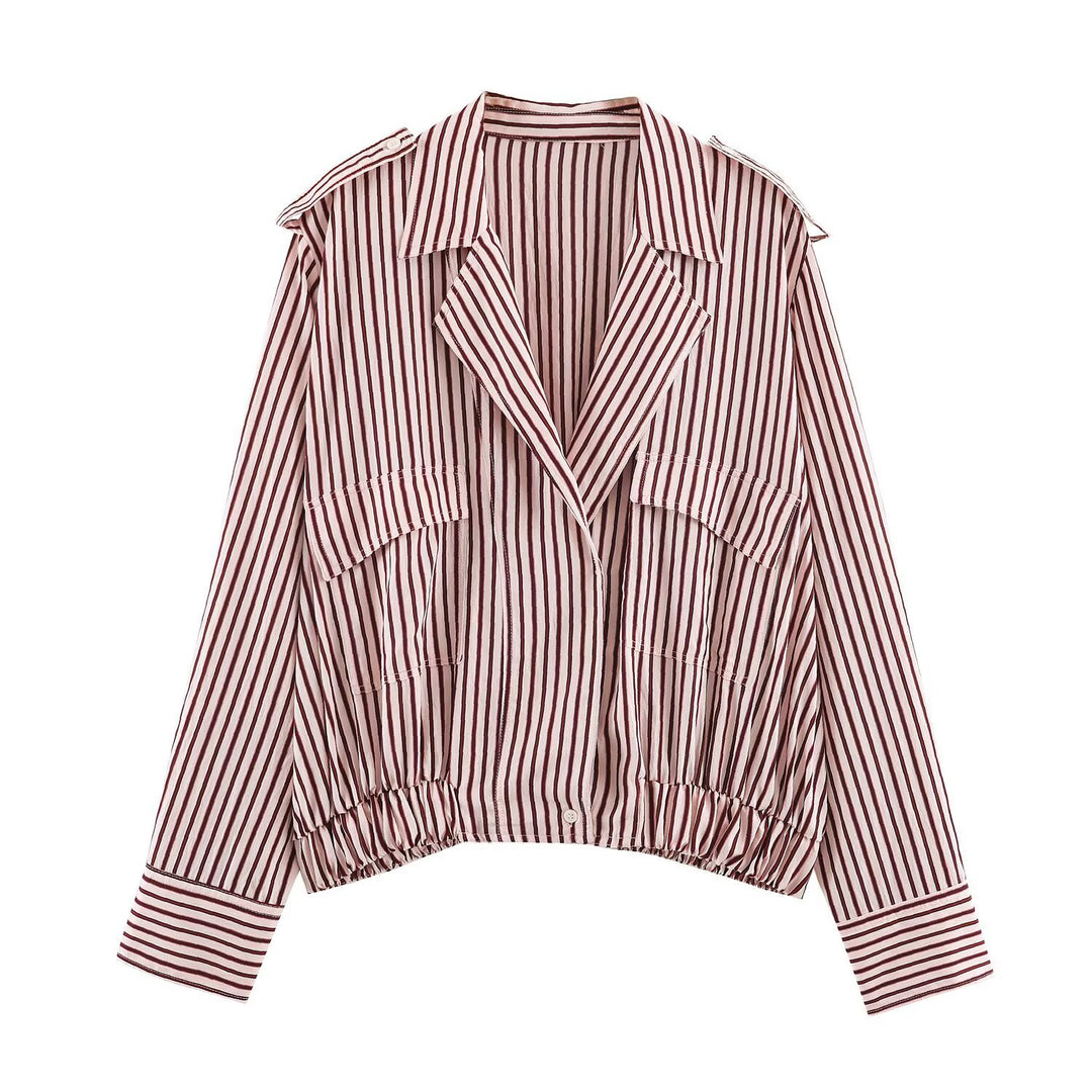 Damen Gestreifte Cropped-Blousonjacke mit Reverskragen, Pattentaschen und Gummizugsaum Drune