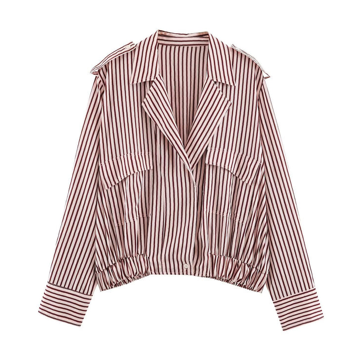 Damen Gestreifte Cropped-Blousonjacke mit Reverskragen, Pattentaschen und Gummizugsaum Drune