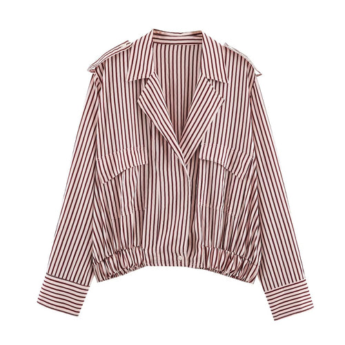 Damen Gestreifte Cropped-Blousonjacke mit Reverskragen, Pattentaschen und Gummizugsaum Drune