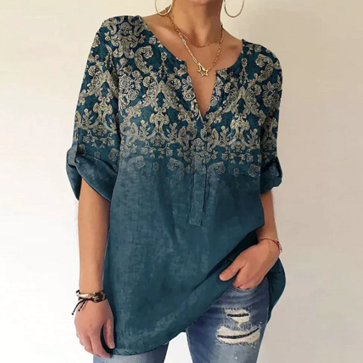 Damen nan V-Ausschnitt-Tunika im Leinenlook mit ornamentalem Bordürenprint, krempelbaren Ärmeln und gerundetem Saum Drune