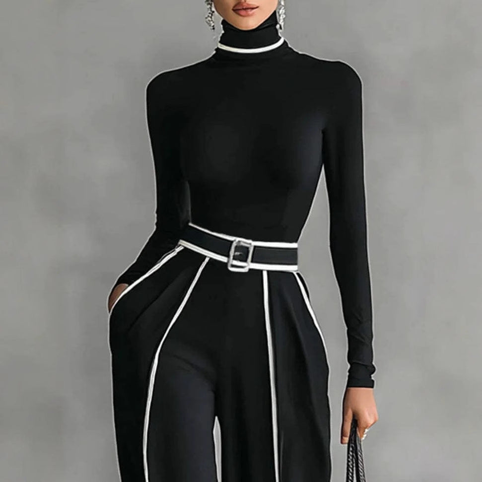 Damen Zweiteilig Ensemble bestehend aus einem figurbetonten Rollkragenbody und weit geschnittenen hochtaillierten Hosen mit Gürtel Drune