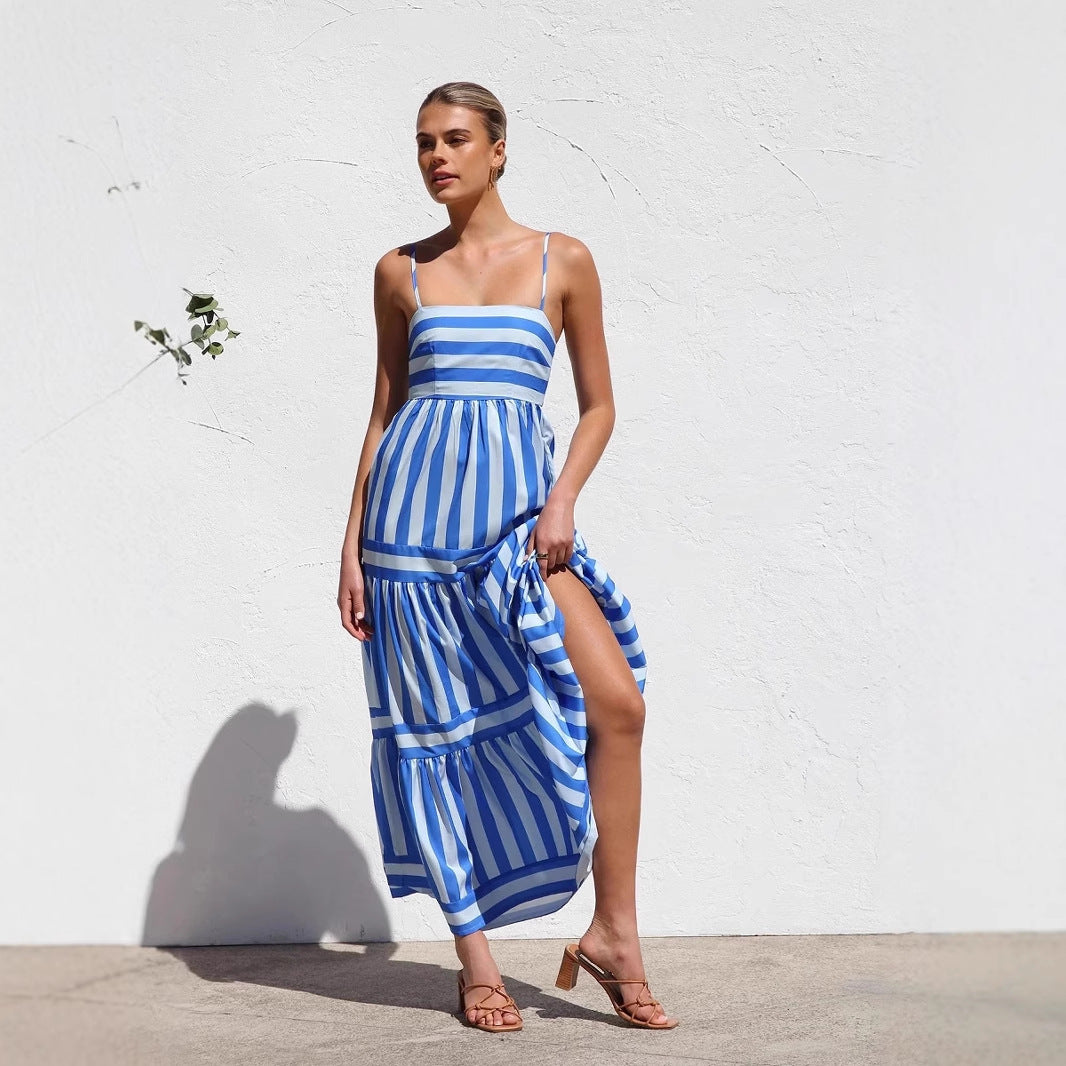 Damen Maxikleid mit Streifenmuster und fließendem Rock Drune