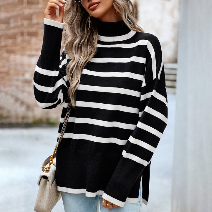 Damen nan Oversize Rollkragenpullover mit Querstreifen, weitem Schnitt und seitlichen Schlitzen Drune