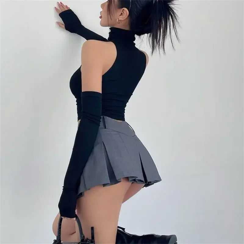 Damen Langarm Crop-Top mit Stehkragen und figurbetontem Schnitt Drune