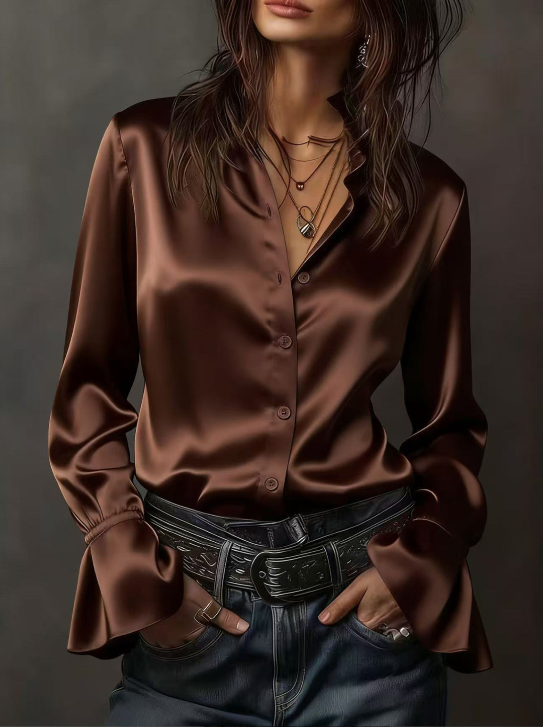 Damen Seidenglänzende Satinbluse mit Stehkragen, Knopfleiste und Volantärmel Drune