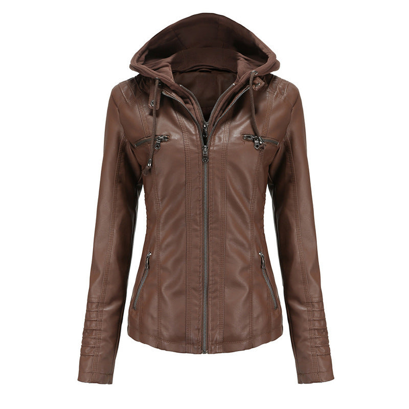 Damen Taillierte Kunstlederjacke mit abnehmbarer Kapuze und Reißverschluss Drune