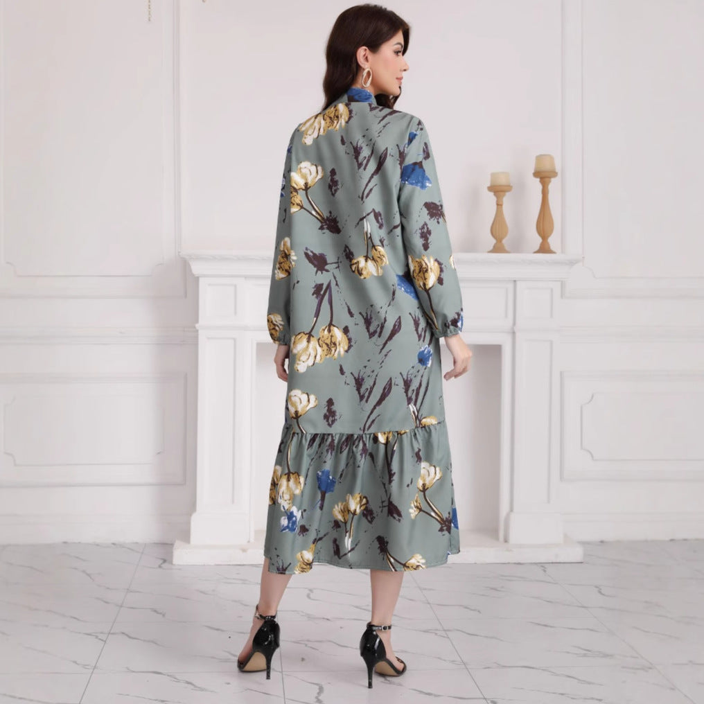 Damen Hemdblusenkleid mit Aquarell-Blumenprint, Stehkragen & Stufenrock Drune