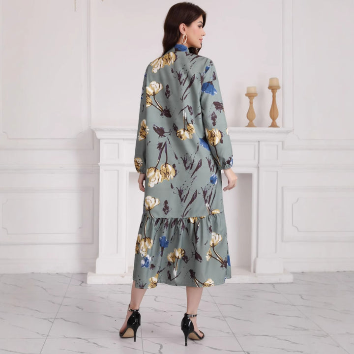 Damen Hemdblusenkleid mit Aquarell-Blumenprint, Stehkragen & Stufenrock Drune