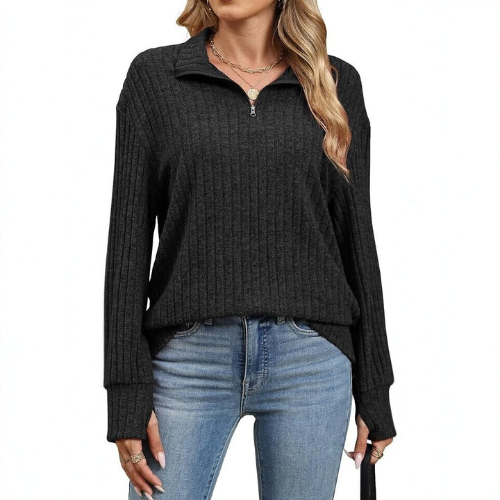 Damen Gerippter Halfzip-Pullover mit Stehkragen und Relaxed-Fit Drune
